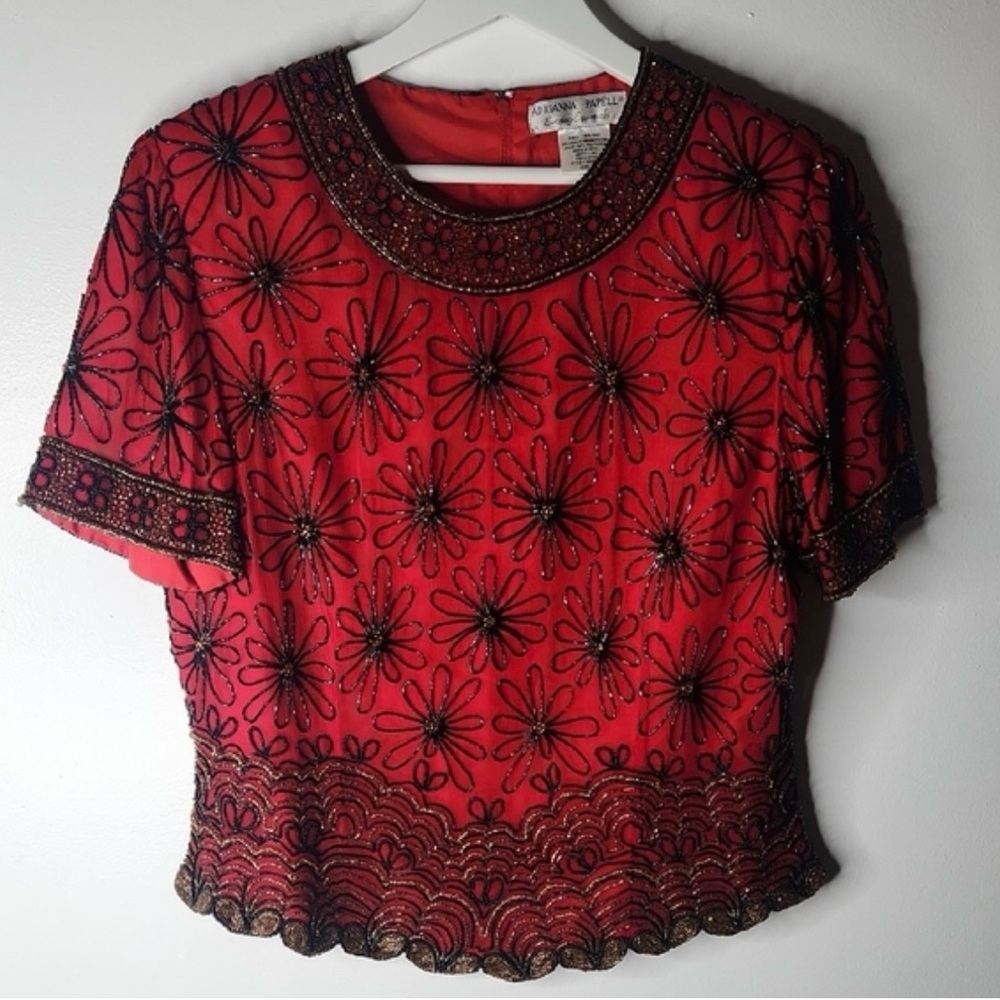 Vintage Adrianna Papell Boutique Red Silk Blouse Beaded Floral - Size Small